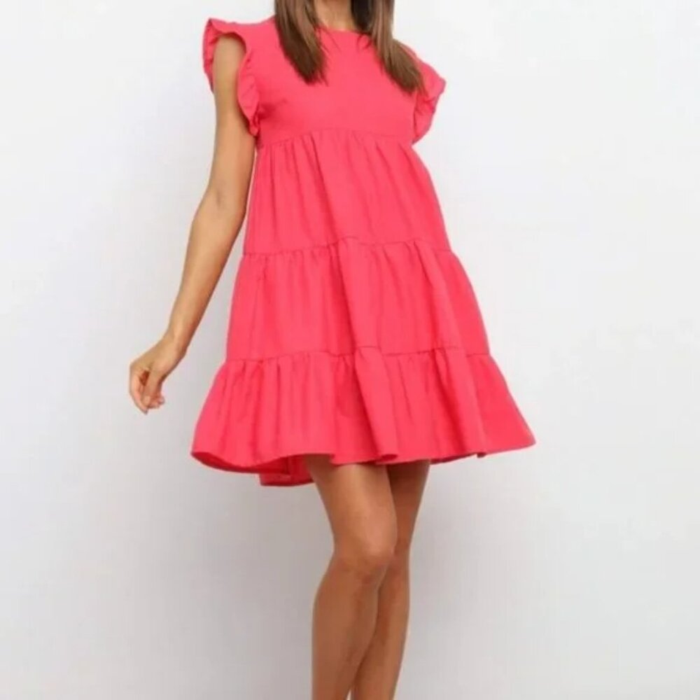 Brand New Petal & Pup Coral Amarah Ruffle Tiered Flowy Mini Swing Dress Size 6